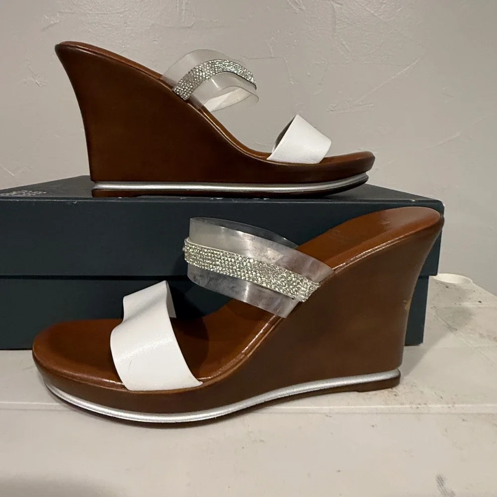 Contesa Wedge Sandals Women 8M White Brown Clear Good Rhinestone Made in Italy